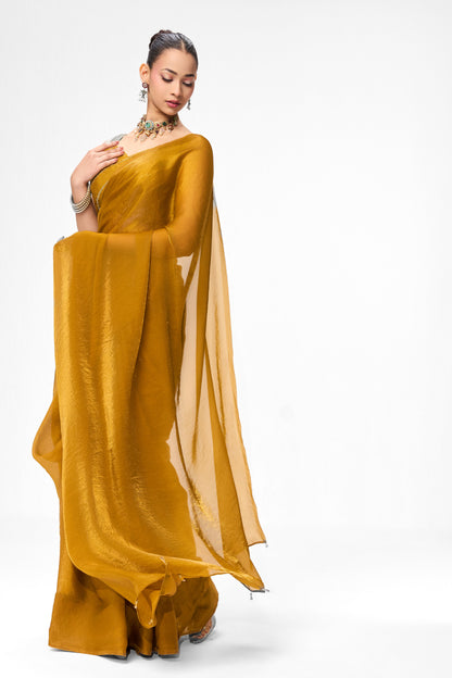 Dhiyona ST With Readymade Blouse - Yellow Metallic Satin Saree with Yellow Sequin Readymade Blouse