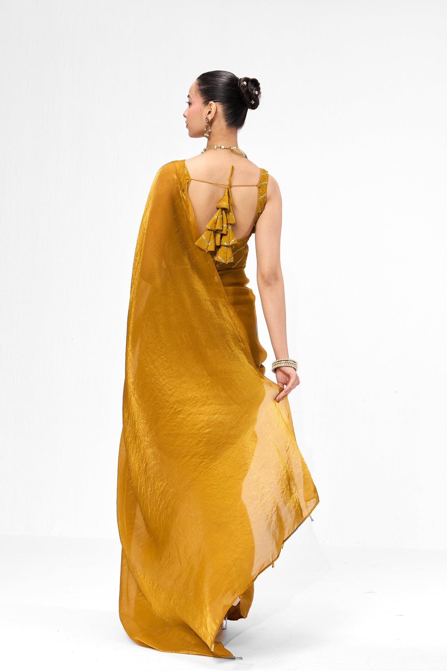 Dhiyona ST With Readymade Blouse - Yellow Metallic Satin Saree with Yellow Sequin Readymade Blouse