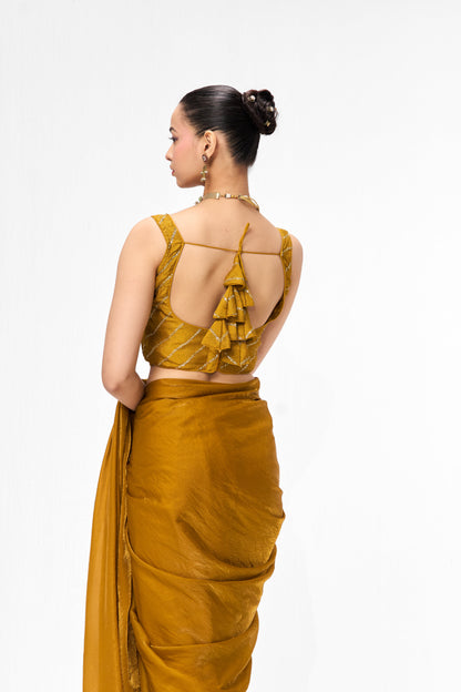 Dhiyona ST With Readymade Blouse - Yellow Metallic Satin Saree with Yellow Sequin Readymade Blouse