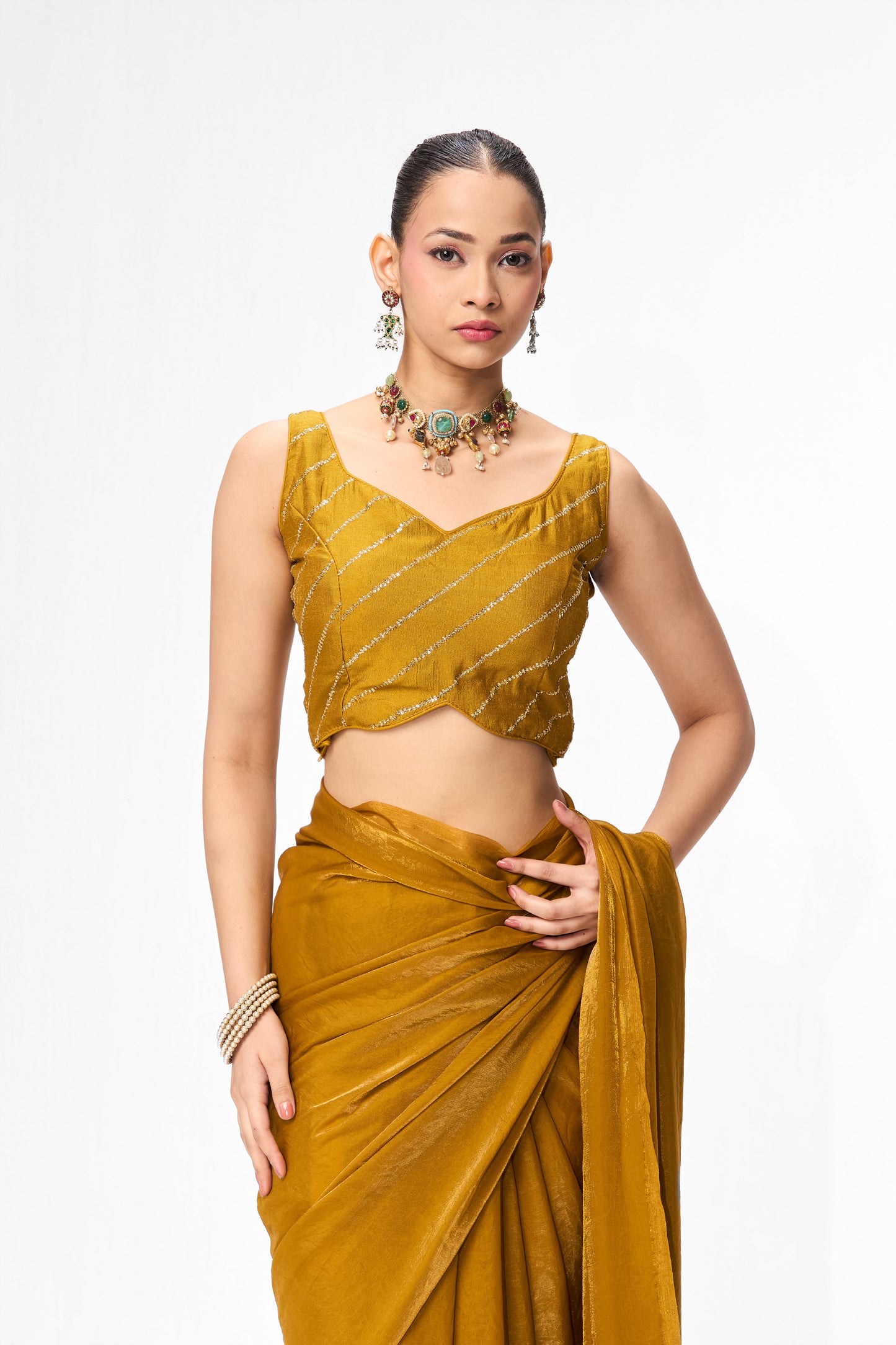 Dhiyona ST With Readymade Blouse - Yellow Metallic Satin Saree with Yellow Sequin Readymade Blouse