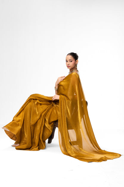 Dhiyona ST With Readymade Blouse - Yellow Metallic Satin Saree with Yellow Sequin Readymade Blouse