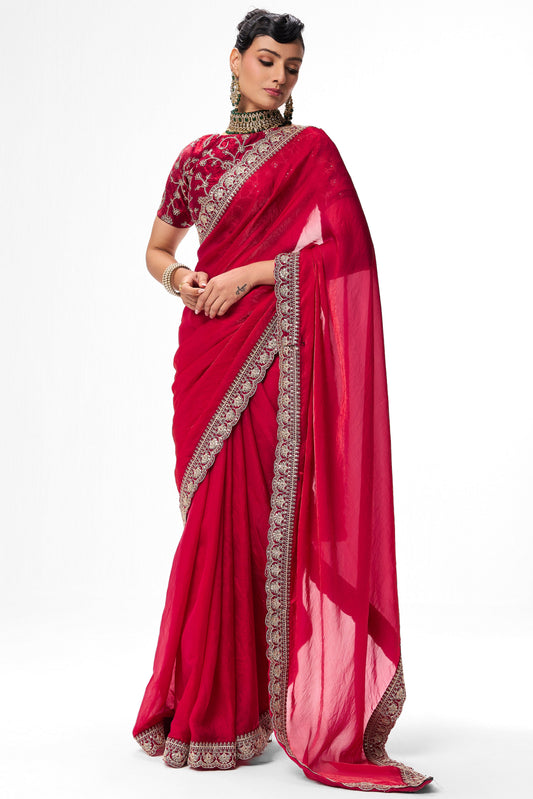 Dhiyona ST Red Pink Embroidered Metallic Satin Saree with Blouse Fabric