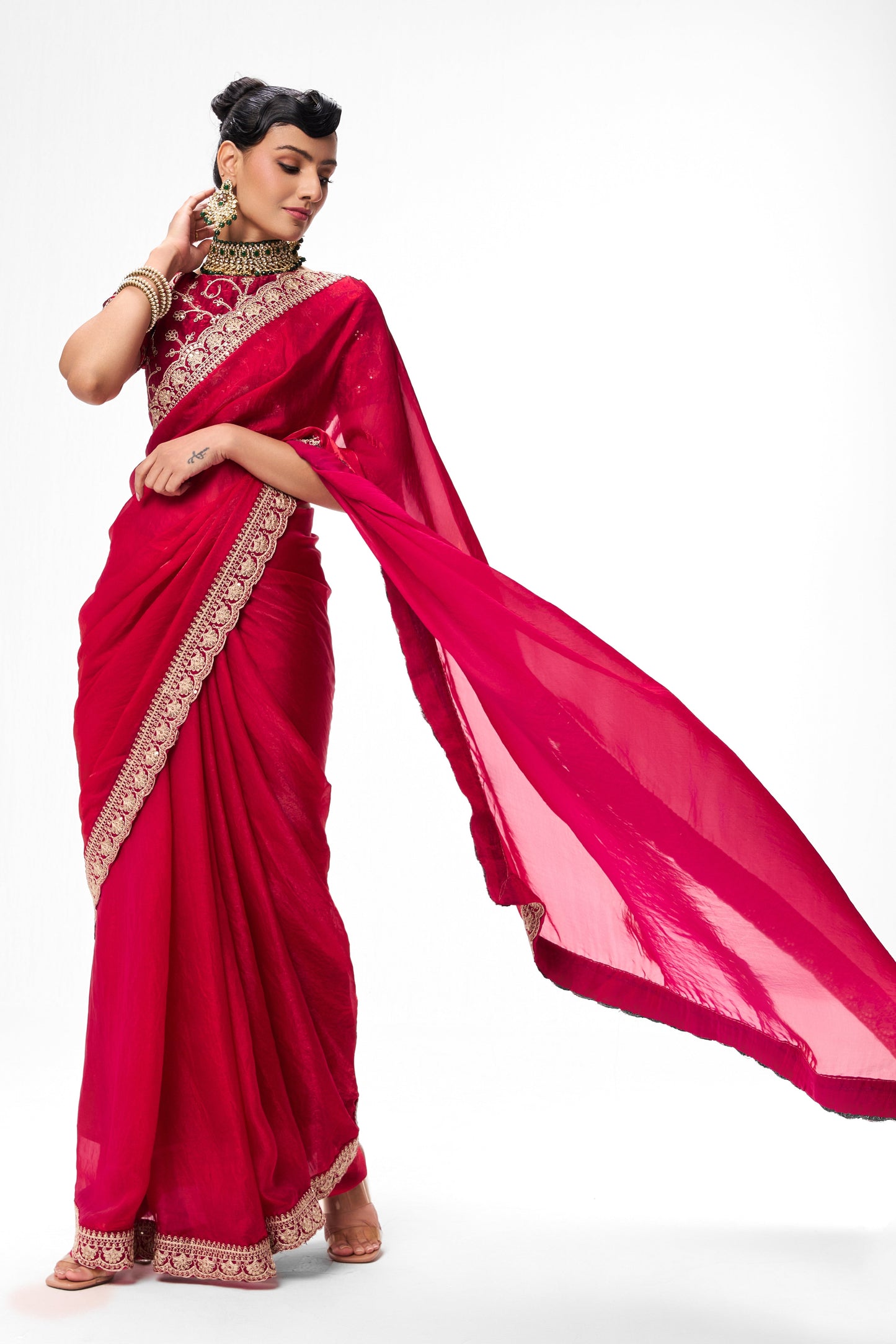 Dhiyona ST Red Pink Embroidered Metallic Satin Saree with Blouse Fabric