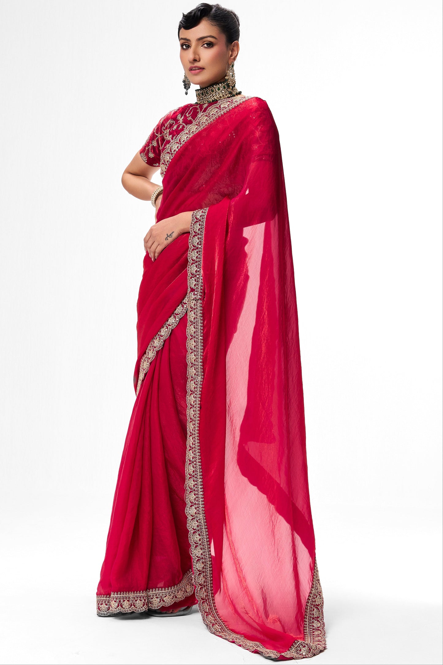 Dhiyona ST Red Pink Embroidered Metallic Satin Saree with Blouse Fabric