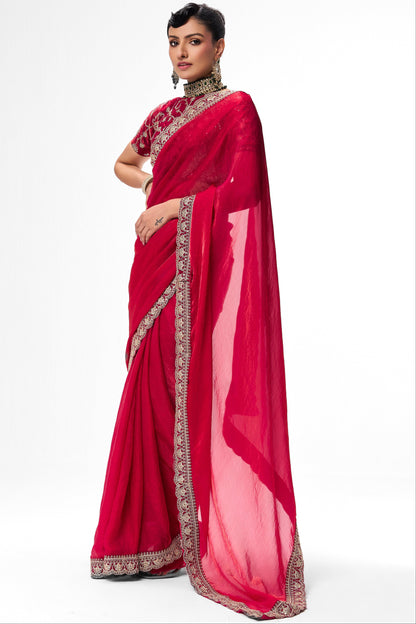 Dhiyona ST Red Pink Embroidered Metallic Satin Saree with Blouse Fabric