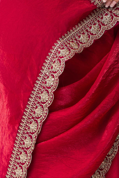 Dhiyona ST Red Pink Embroidered Metallic Satin Saree with Blouse Fabric