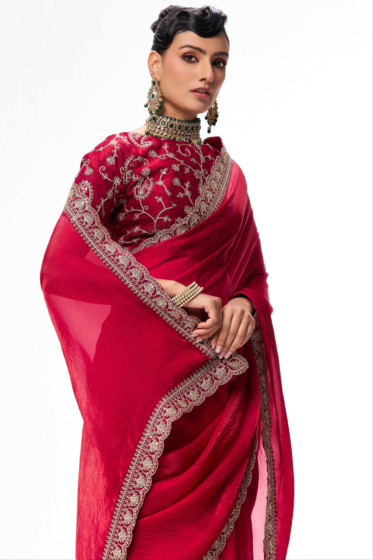 Dhiyona ST Red Pink Embroidered Metallic Satin Saree with Blouse Fabric