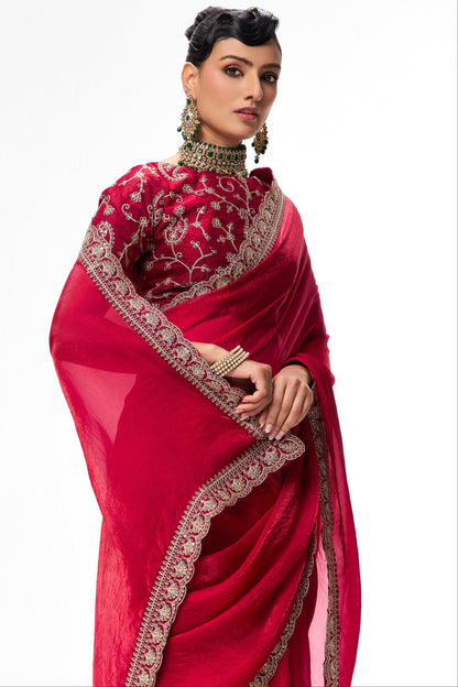 Dhiyona ST Red Pink Embroidered Metallic Satin Saree with Blouse Fabric