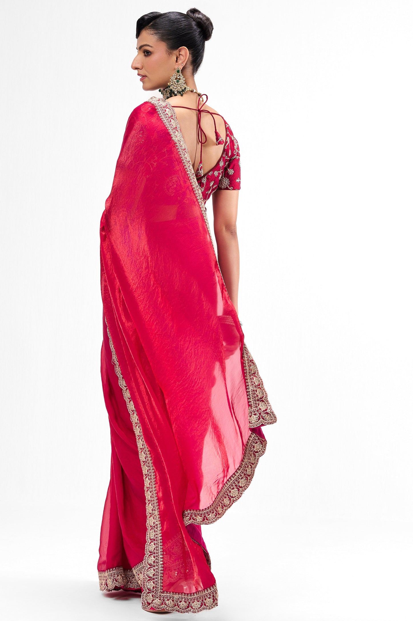 Dhiyona ST Red Pink Embroidered Metallic Satin Saree with Blouse Fabric