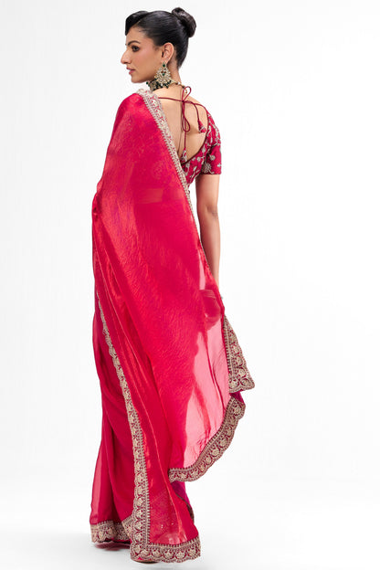 Dhiyona ST Red Pink Embroidered Metallic Satin Saree with Blouse Fabric