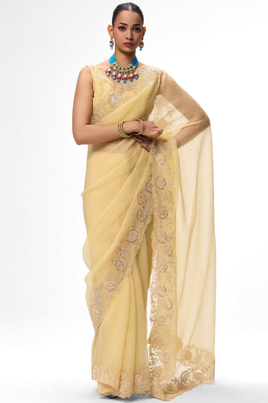 Dhiyona ST Butter Yellow Embroidered and Beaded Organza Saree with Blouse Fabric