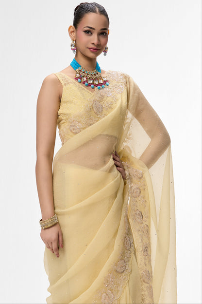 Dhiyona ST Butter Yellow Embroidered and Beaded Organza Saree with Blouse Fabric
