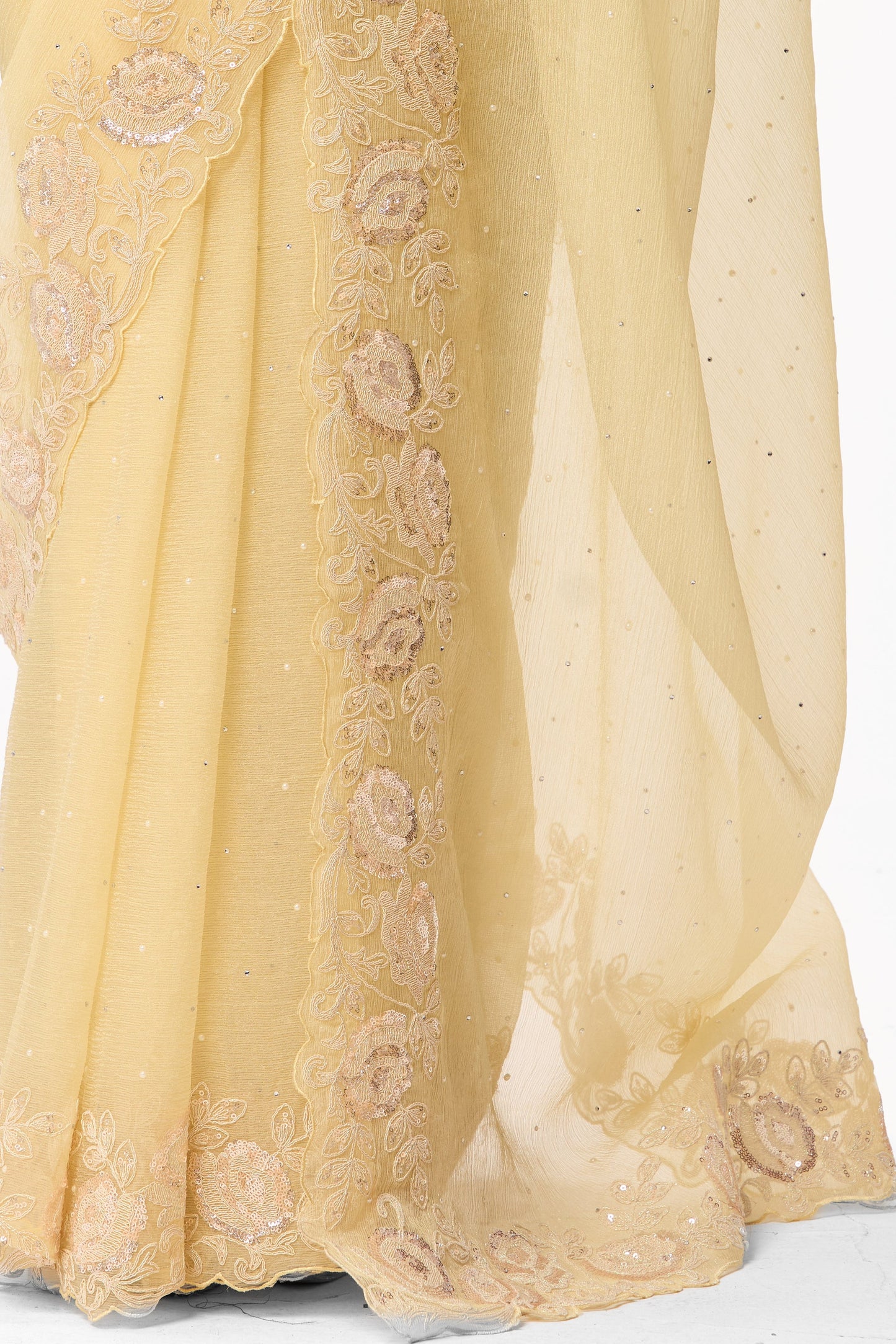 Dhiyona ST Butter Yellow Embroidered and Beaded Organza Saree with Blouse Fabric