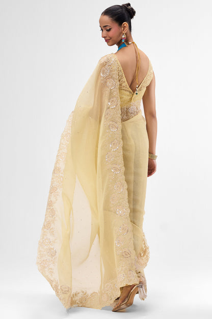 Dhiyona ST Butter Yellow Embroidered and Beaded Organza Saree with Blouse Fabric