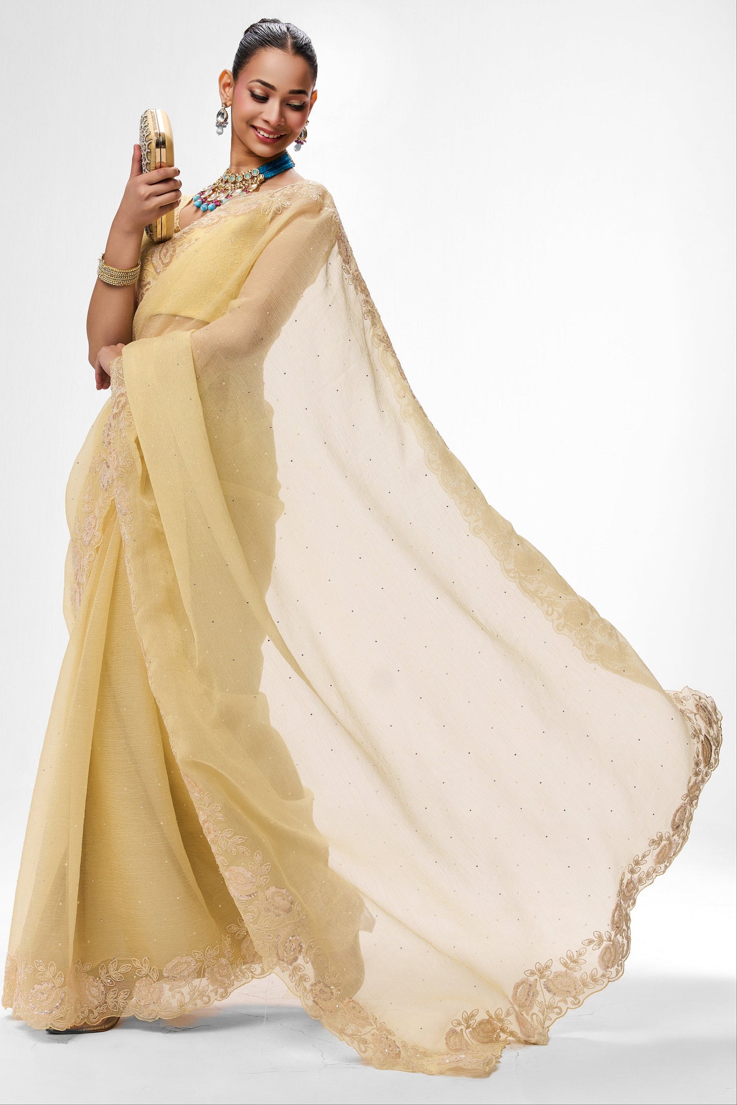 Dhiyona ST Butter Yellow Embroidered and Beaded Organza Saree with Blouse Fabric