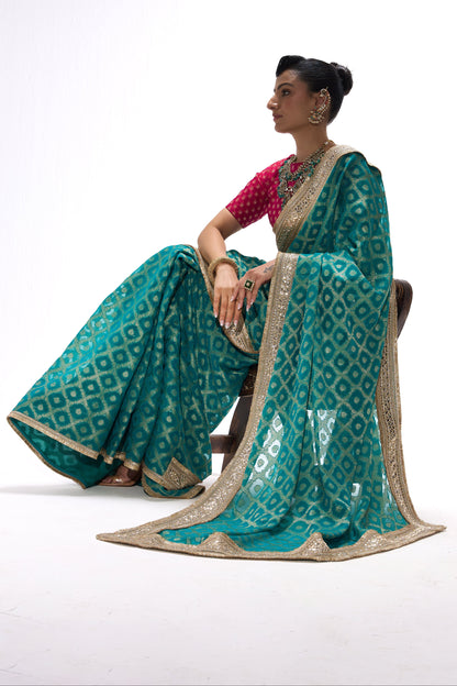 Dhiyona ST Green Woven Georgette all over lace saree with Blouse Fabric