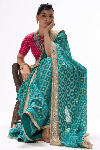 Dhiyona ST Green Woven Georgette all over lace saree with Blouse Fabric