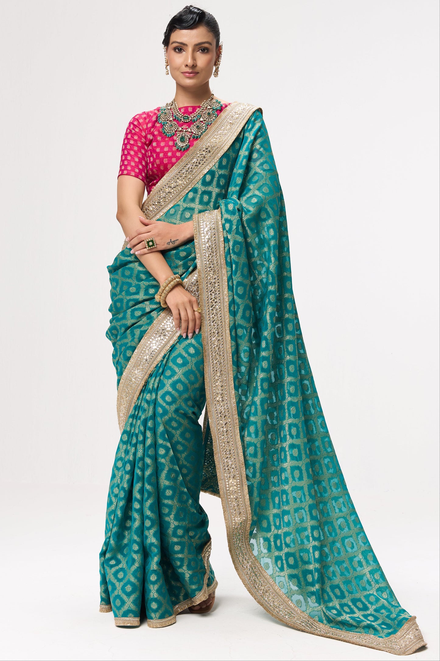 Dhiyona ST Green Woven Georgette all over lace saree with Blouse Fabric
