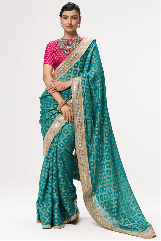 Dhiyona ST Green Woven Georgette all over lace saree with Blouse Fabric