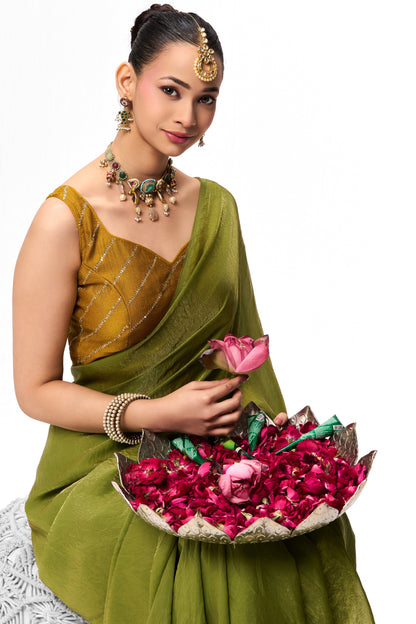 Dhiyona ST With Readymade Blouse - High on Henna Metallic Satin Saree with Yellow Sequin Readymade Blouse