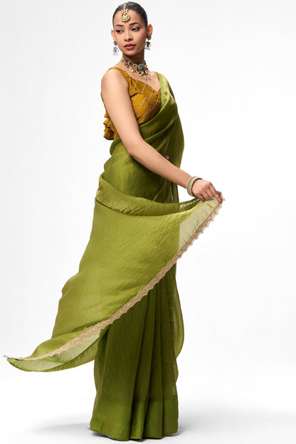 Dhiyona ST With Readymade Blouse - High on Henna Metallic Satin Saree with Yellow Sequin Readymade Blouse