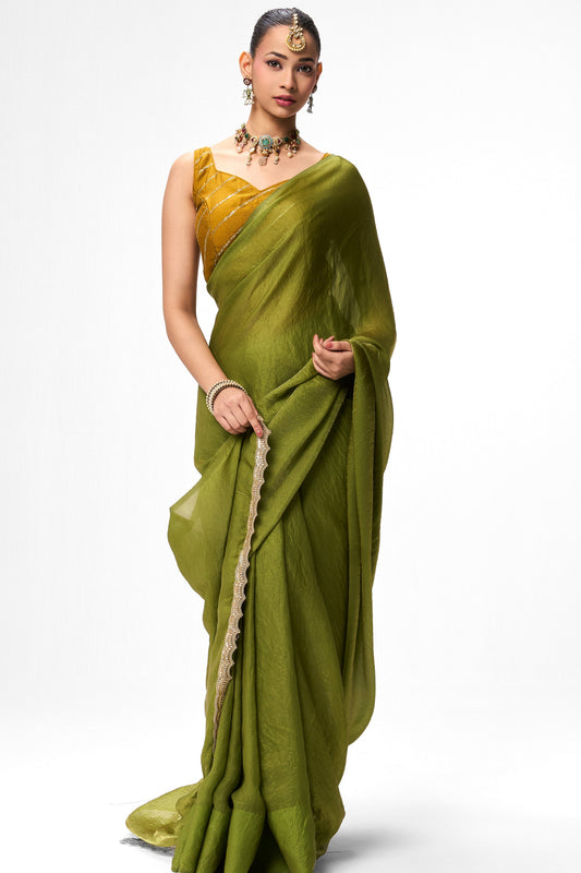Dhiyona ST With Readymade Blouse - High on Henna Metallic Satin Saree with Yellow Sequin Readymade Blouse