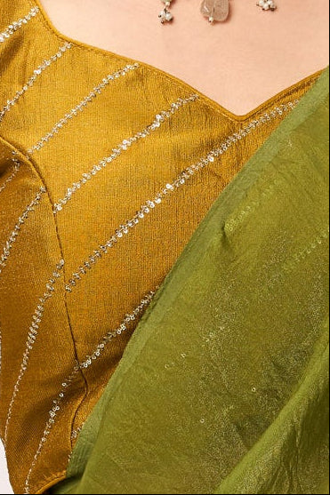 Dhiyona ST With Readymade Blouse - High on Henna Metallic Satin Saree with Yellow Sequin Readymade Blouse
