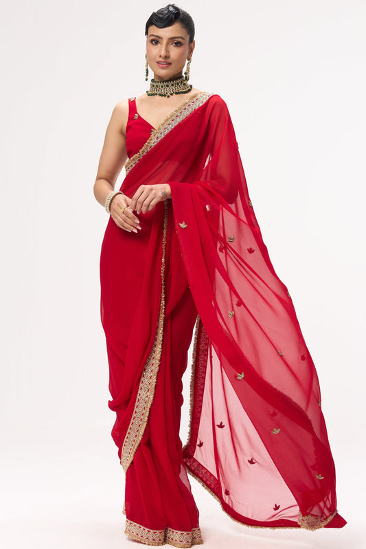 Dhiyona ST Pari Red Drapy Georgette with Border and Zardozi Saree with Blouse Fabric