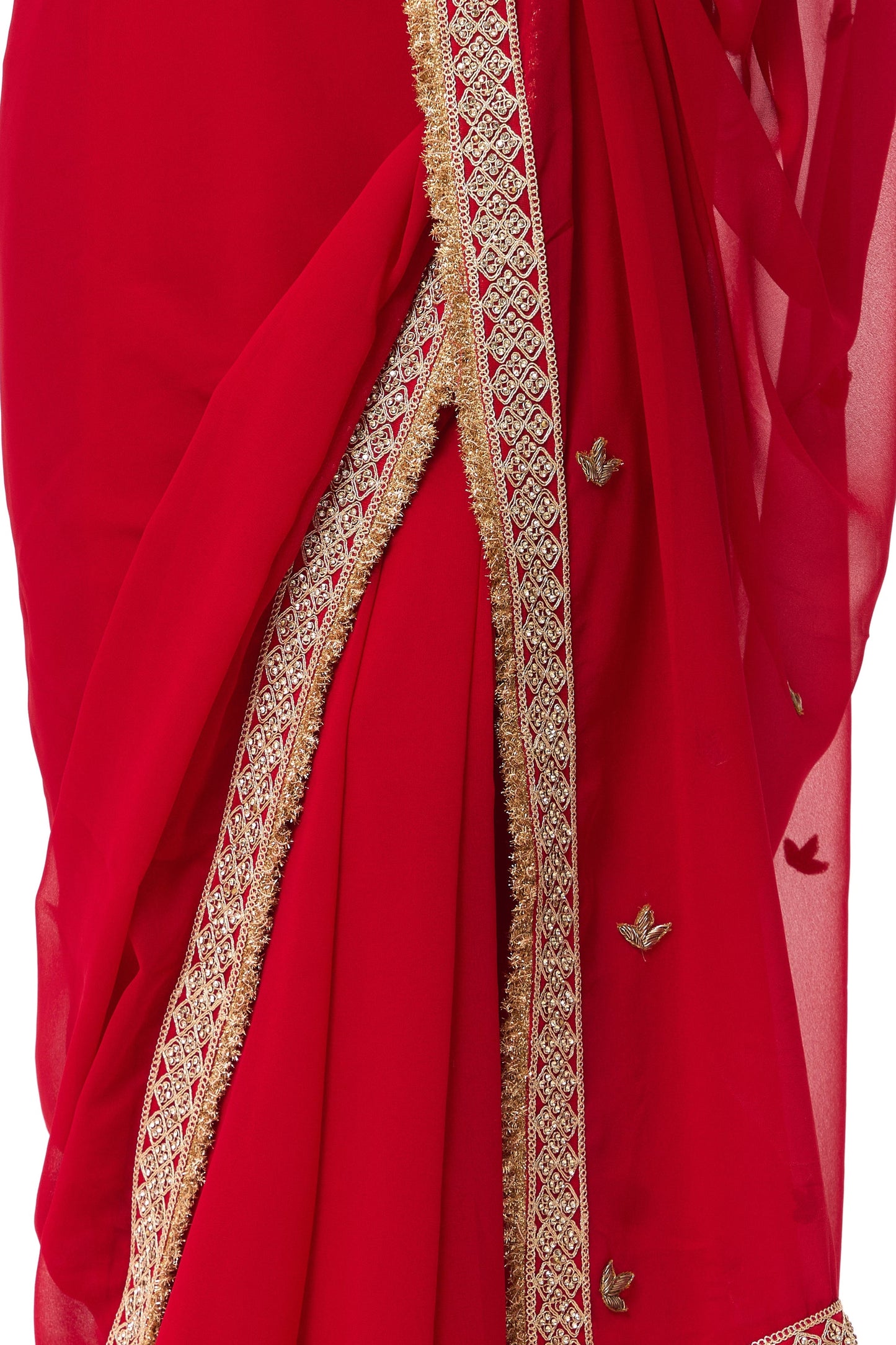 Dhiyona ST Pari Red Drapy Georgette with Border and Zardozi Saree with Blouse Fabric