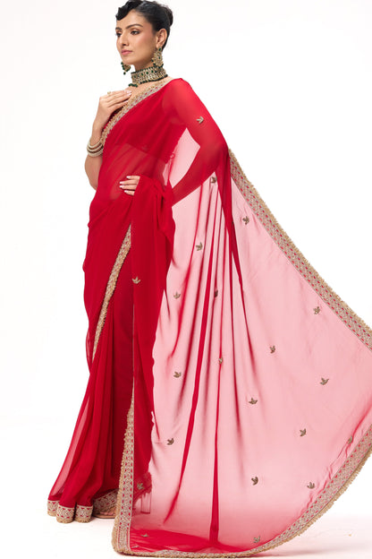 Dhiyona ST Pari Red Drapy Georgette with Border and Zardozi Saree with Blouse Fabric