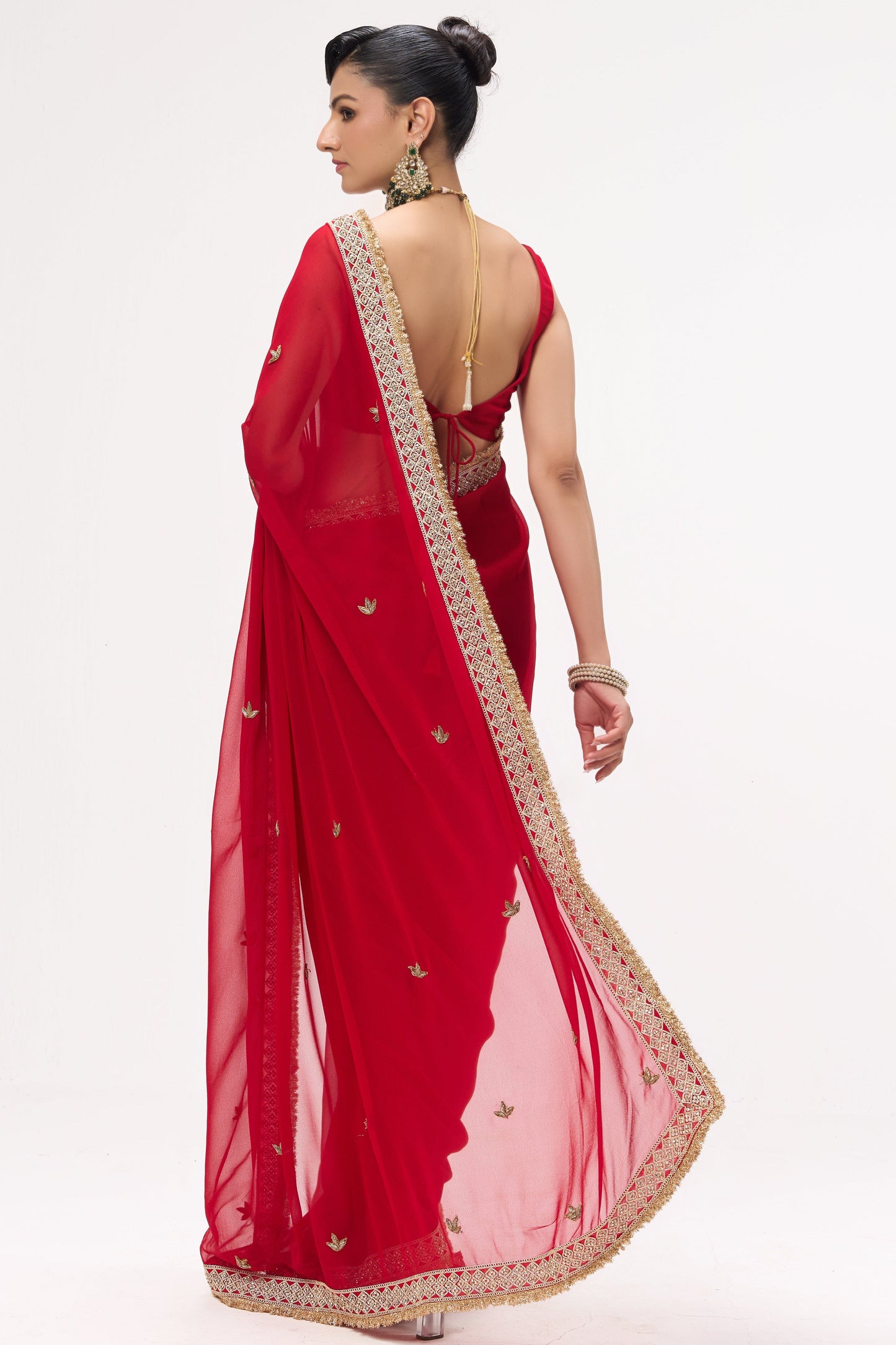 Dhiyona ST Pari Red Drapy Georgette with Border and Zardozi Saree with Blouse Fabric