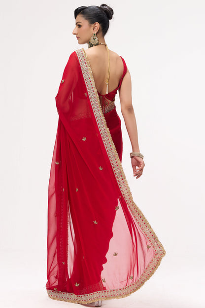 Dhiyona ST Pari Red Drapy Georgette with Border and Zardozi Saree with Blouse Fabric