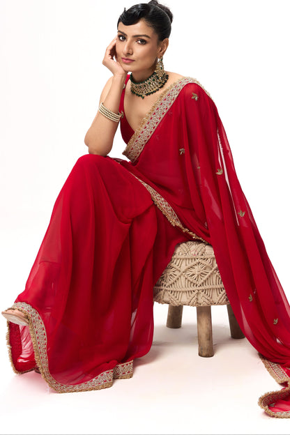 Dhiyona ST Pari Red Drapy Georgette with Border and Zardozi Saree with Blouse Fabric