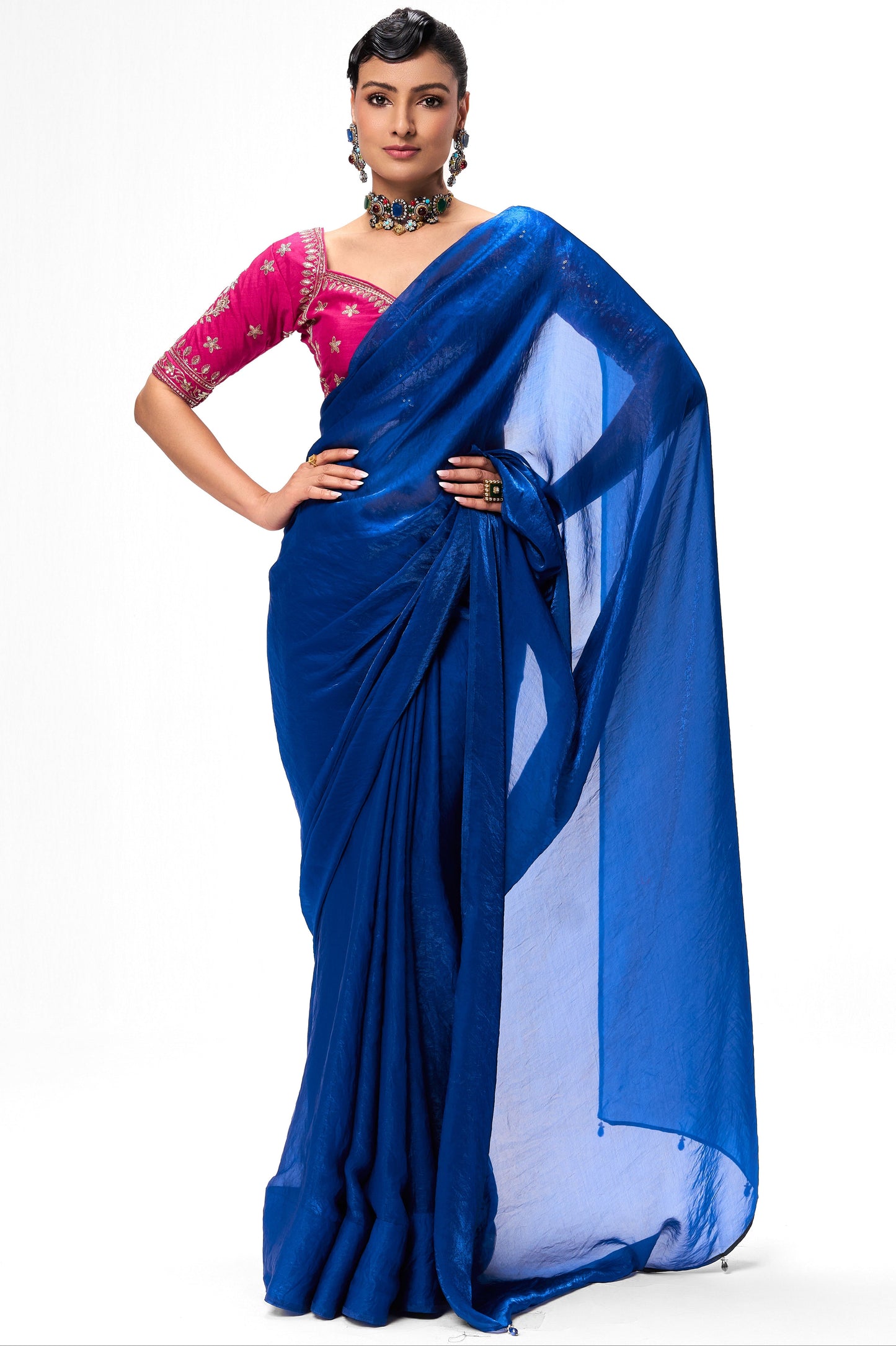 Dhiyona ST With Readymade Blouse - Blue Metallic Satin Saree with Sabya Embroidered Pink  Readymade Blouse