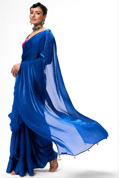 Dhiyona ST With Readymade Blouse - Blue Metallic Satin Saree with Sabya Embroidered Pink  Readymade Blouse