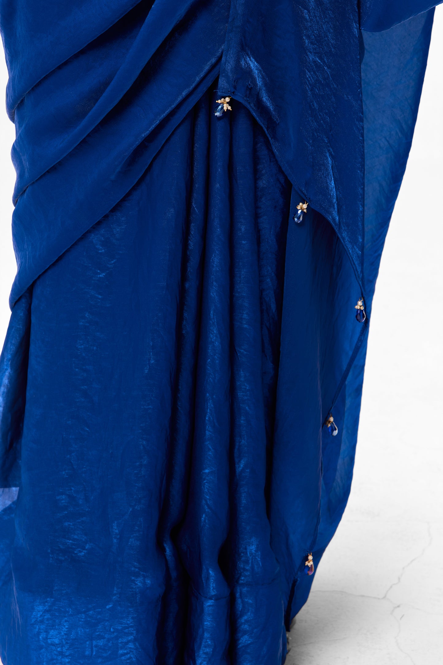 Dhiyona ST With Readymade Blouse - Blue Metallic Satin Saree with Sabya Embroidered Pink  Readymade Blouse