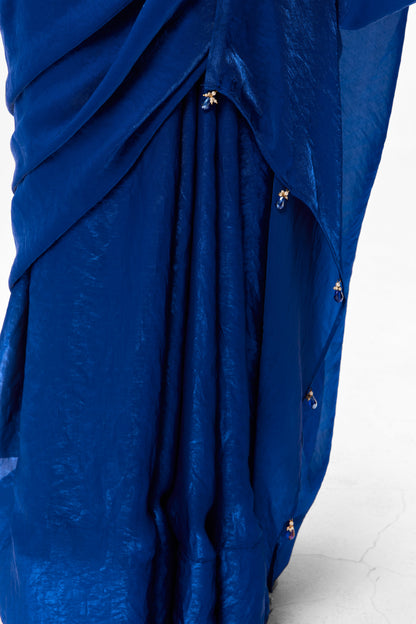 Dhiyona ST With Readymade Blouse - Blue Metallic Satin Saree with Sabya Embroidered Pink  Readymade Blouse
