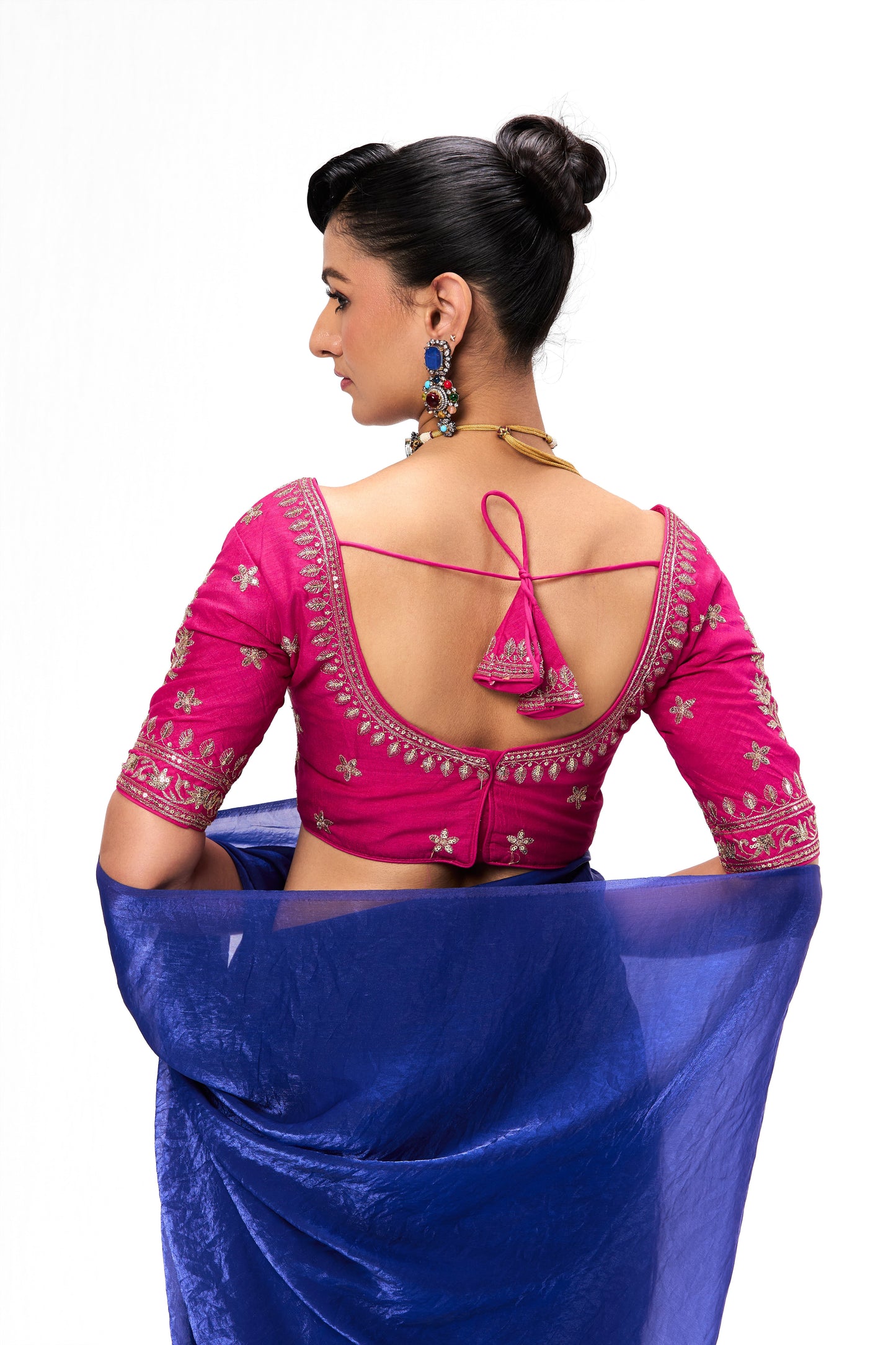 Dhiyona ST Fuchsia Embroidered Sabya Blouse – Free-Size Adjustable 32–40 inches | Designer Couture Blouse