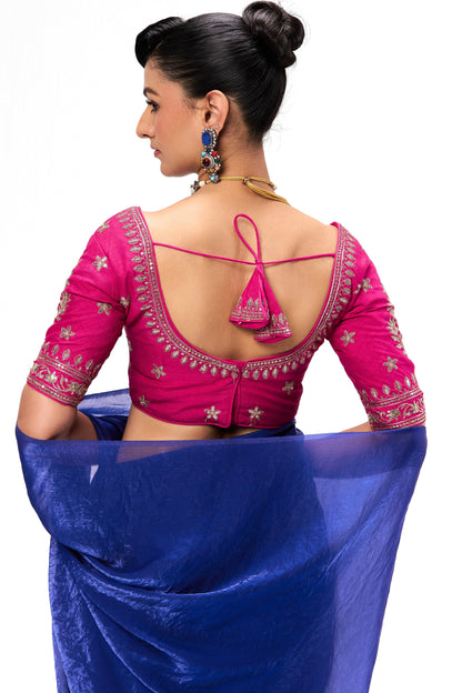 Dhiyona ST With Readymade Blouse - Blue Metallic Satin Saree with Sabya Embroidered Pink  Readymade Blouse