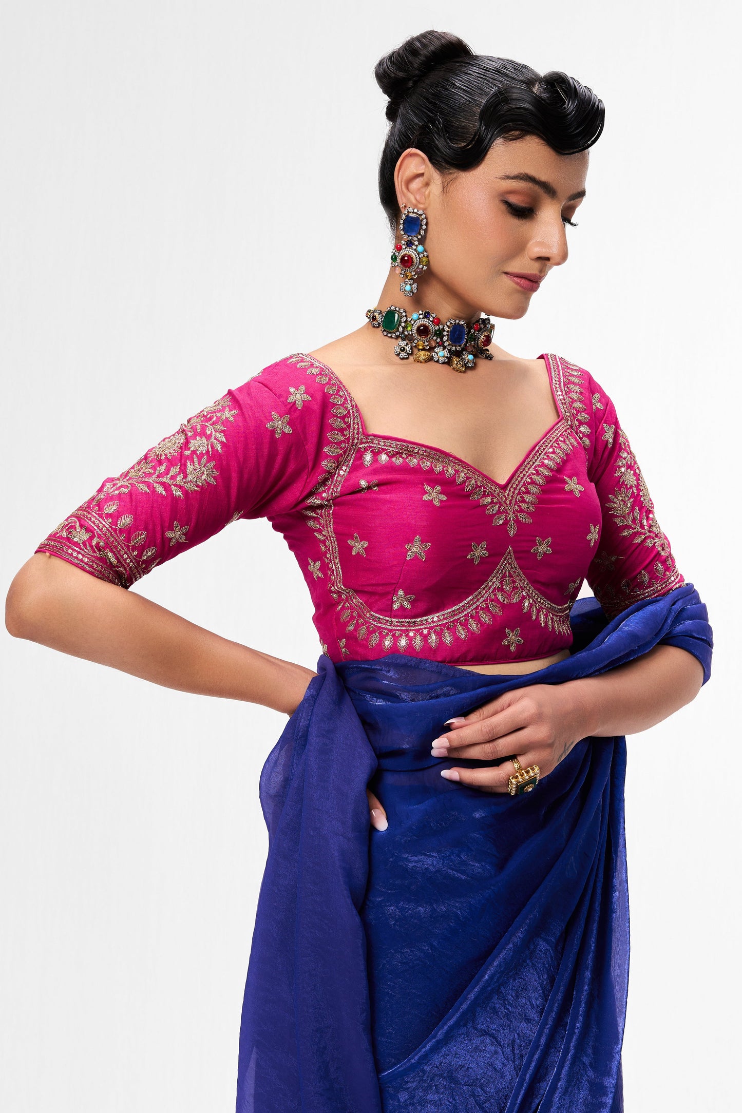 Dhiyona ST Fuchsia Embroidered Sabya Blouse – Free-Size Adjustable 32–40 inches | Designer Couture Blouse