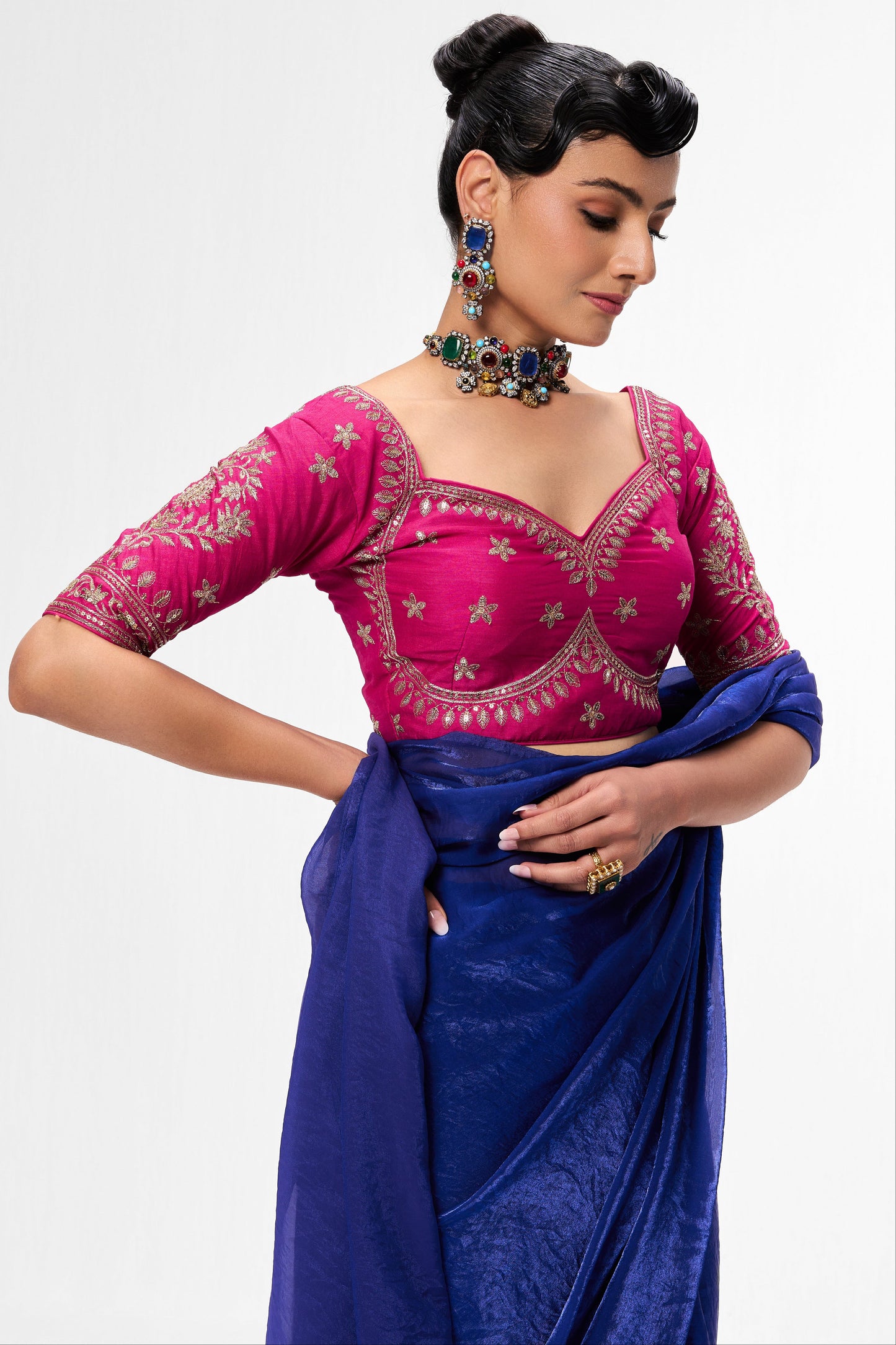 Dhiyona ST With Readymade Blouse - Blue Metallic Satin Saree with Sabya Embroidered Pink  Readymade Blouse