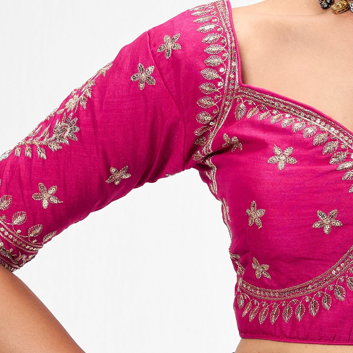 Dhiyona ST With Readymade Blouse - Blue Metallic Satin Saree with Sabya Embroidered Pink  Readymade Blouse