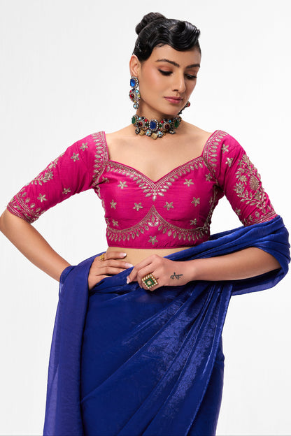 Dhiyona ST With Readymade Blouse - Blue Metallic Satin Saree with Sabya Embroidered Pink  Readymade Blouse