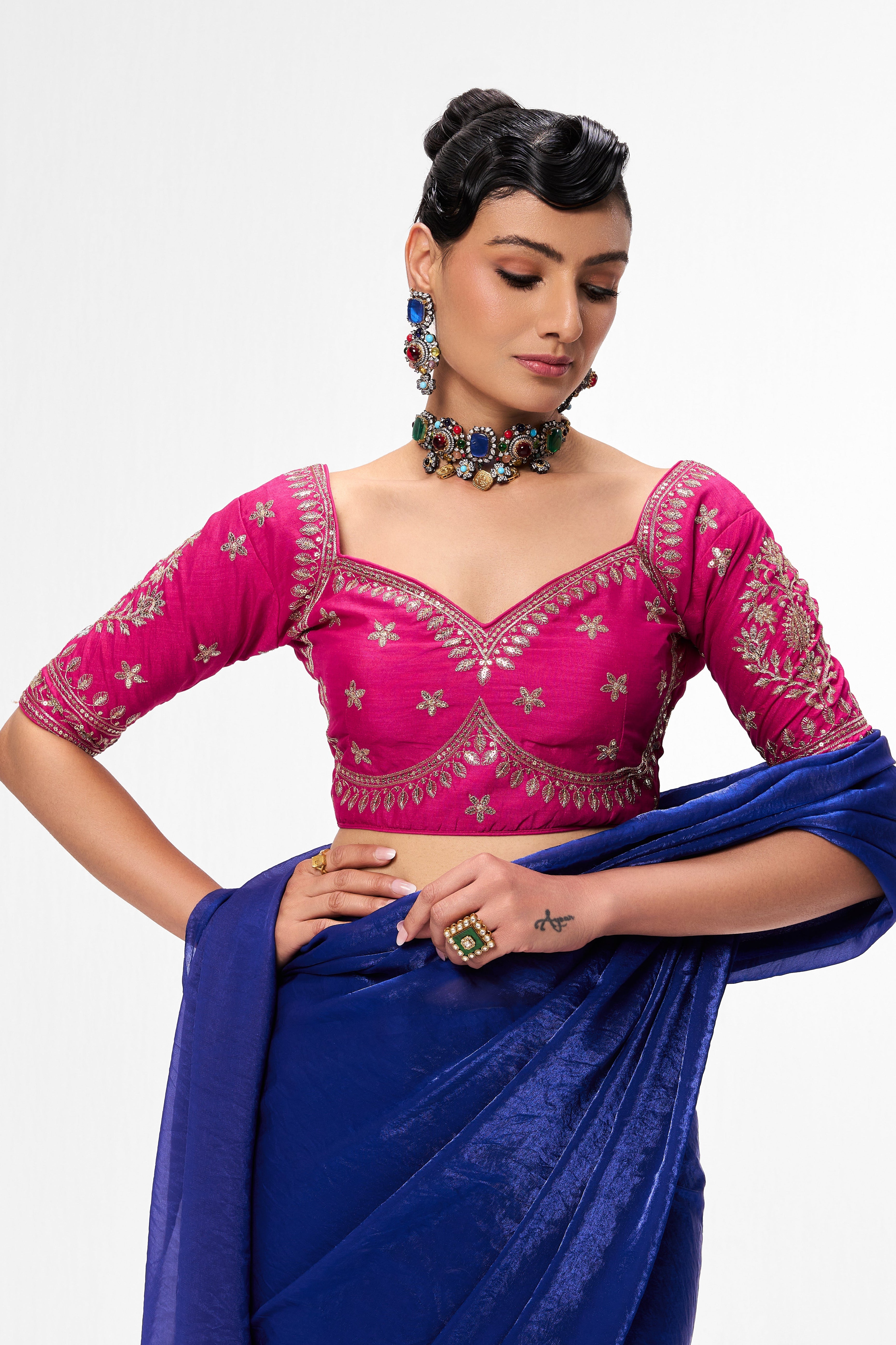 Dhiyona ST Fuchsia Embroidered Sabya Blouse – Free-Size Adjustable 32–40 inches | Designer Couture Blouse