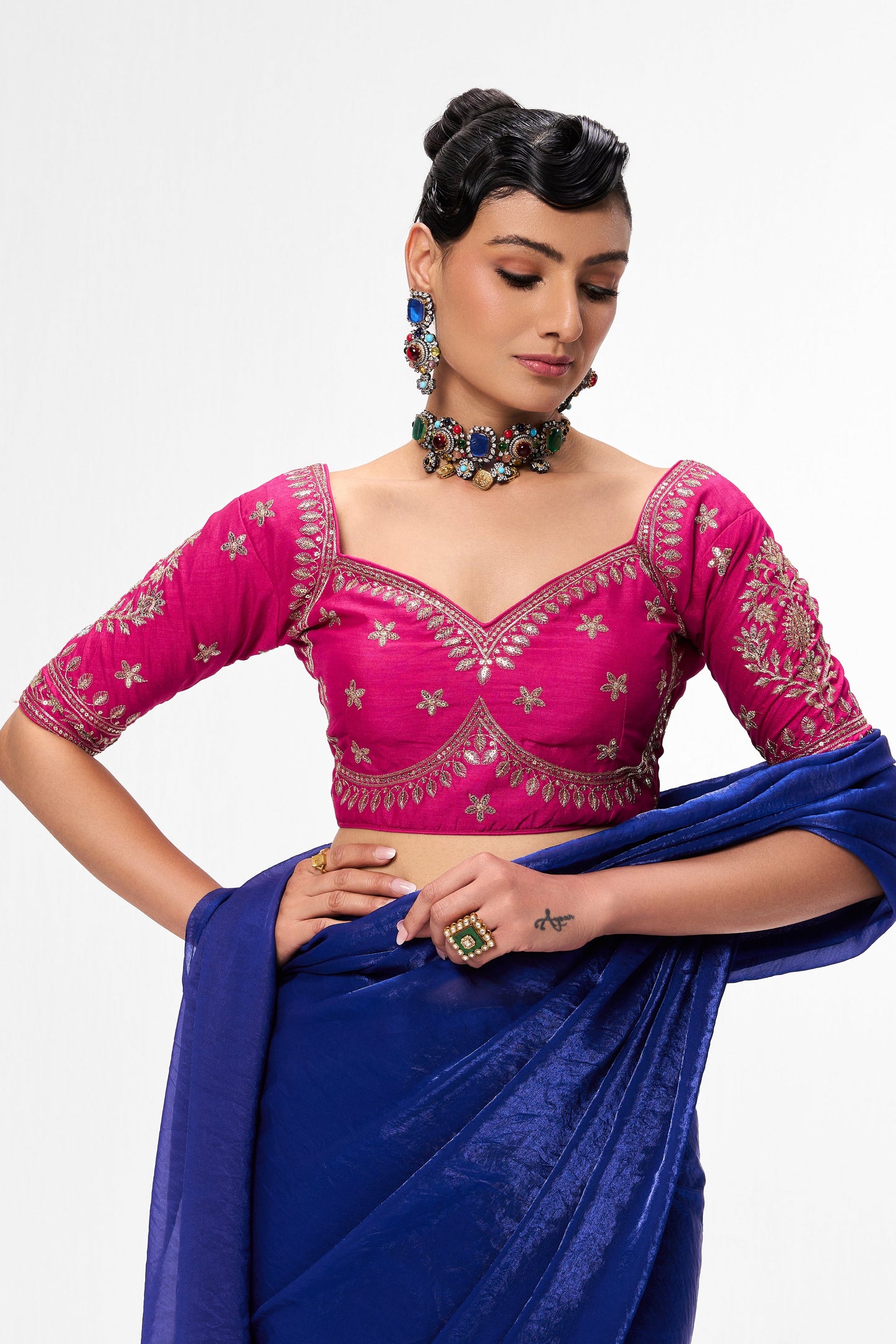 Dhiyona ST Fuchsia Embroidered Sabya Blouse – Free-Size Adjustable 32–40 inches | Designer Couture Blouse