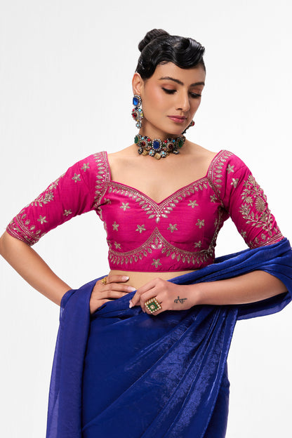 Dhiyona ST Fuchsia Embroidered Sabya Blouse – Free-Size Adjustable 32–40 inches | Designer Couture Blouse