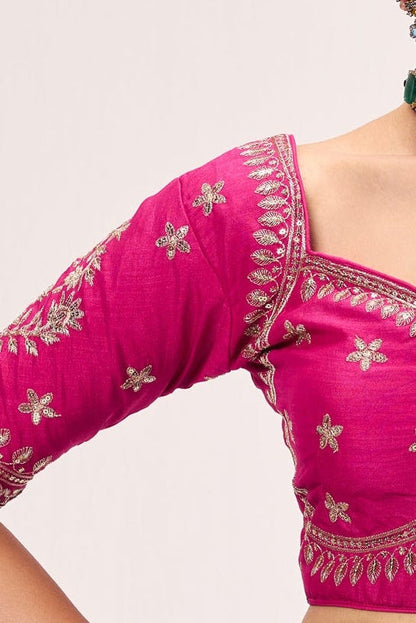 Dhiyona ST Fuchsia Embroidered Sabya Blouse – Free-Size Adjustable 32–40 inches | Designer Couture Blouse