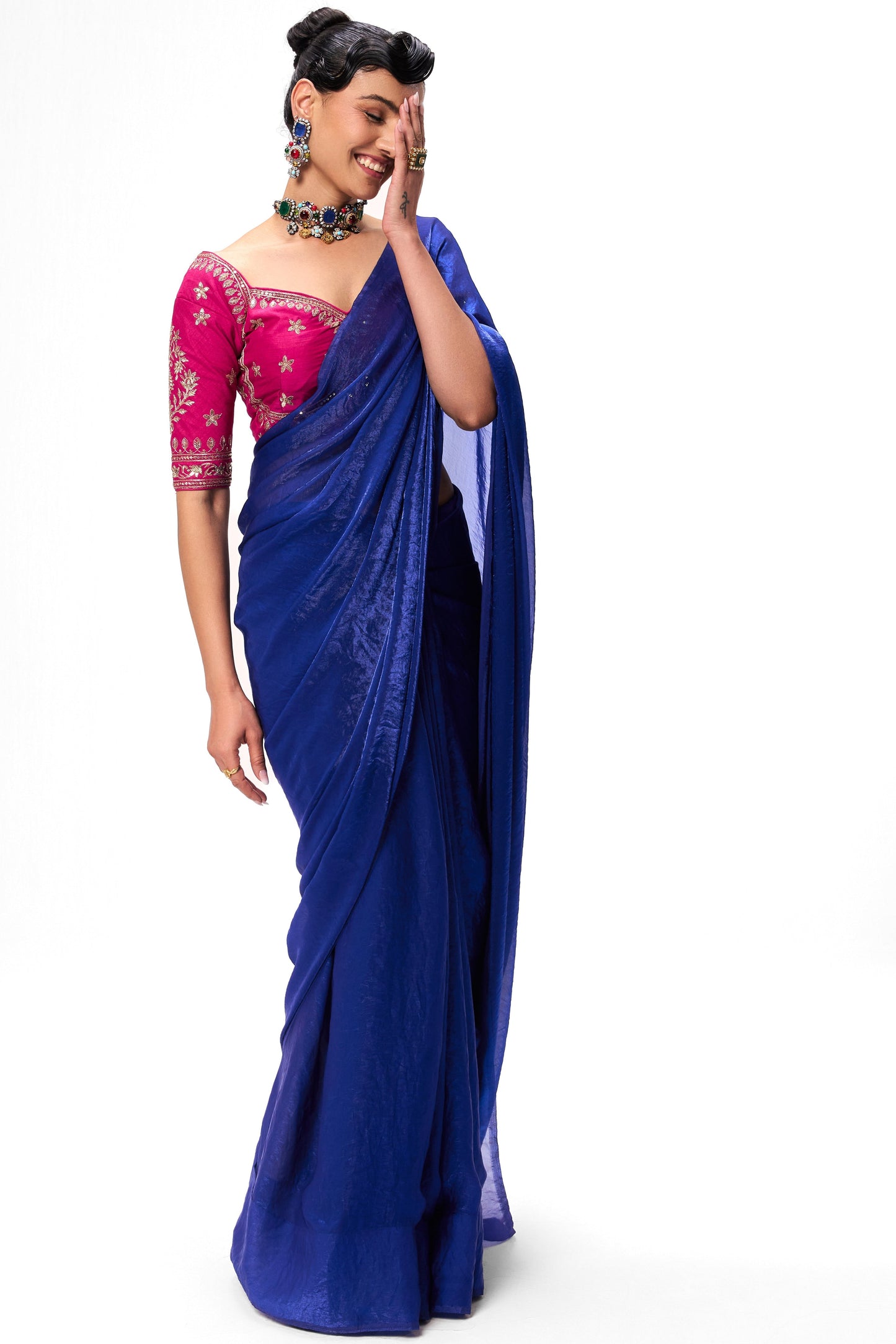 Dhiyona ST With Readymade Blouse - Blue Metallic Satin Saree with Sabya Embroidered Pink  Readymade Blouse