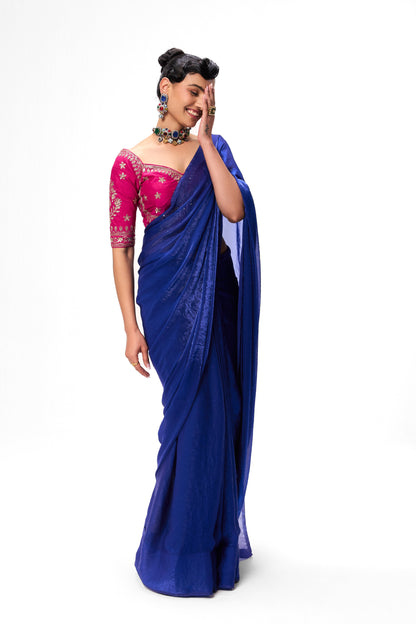 Dhiyona ST Fuchsia Embroidered Sabya Blouse – Free-Size Adjustable 32–40 inches | Designer Couture Blouse