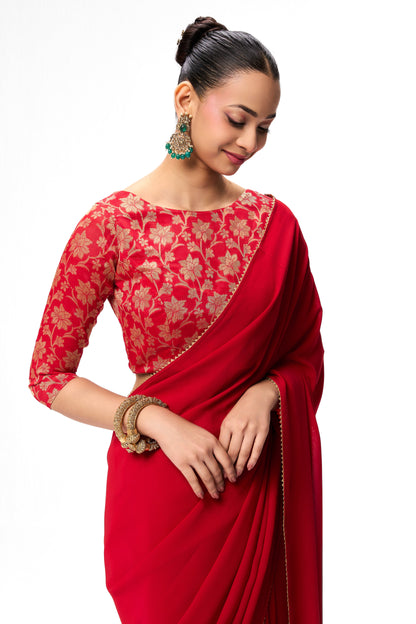 Dhiyona ST Red Drapy Georgette Saree with Jacquard Blouse Fabric